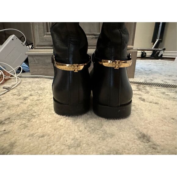 Tory Burch Black Leather Jess Riding Boots Gold Tone Heel Stirrup 7.5 - Picture 7 of 11